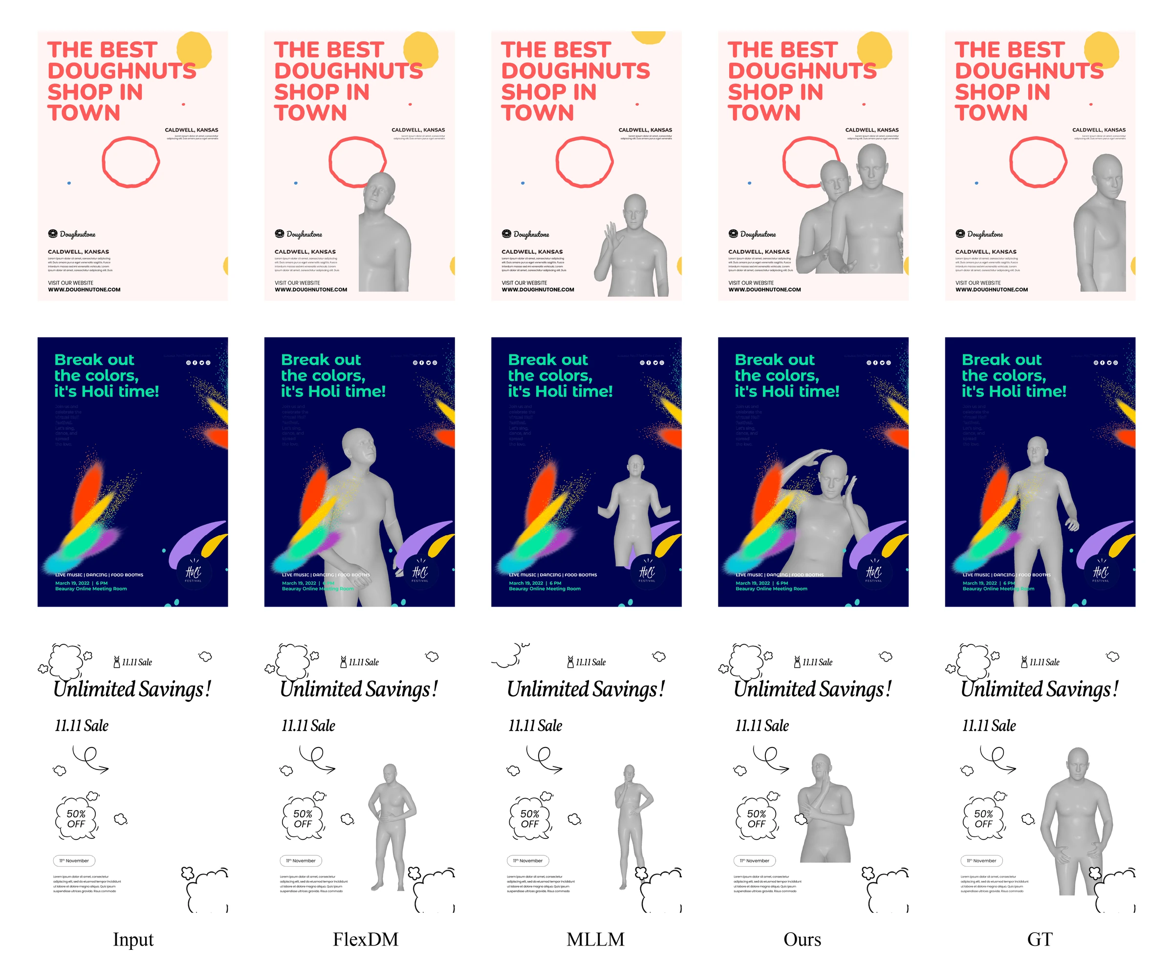 Additional paper comparisons of predicted human poses, framing, and placement in a variety of graphic designs.